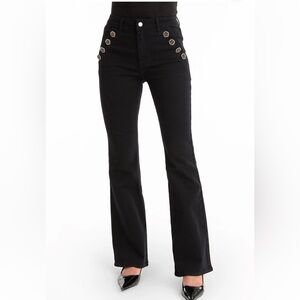 Allegra Rose Jean Noli Black Flare Jeans with Rose Button Detail - PETITE 26